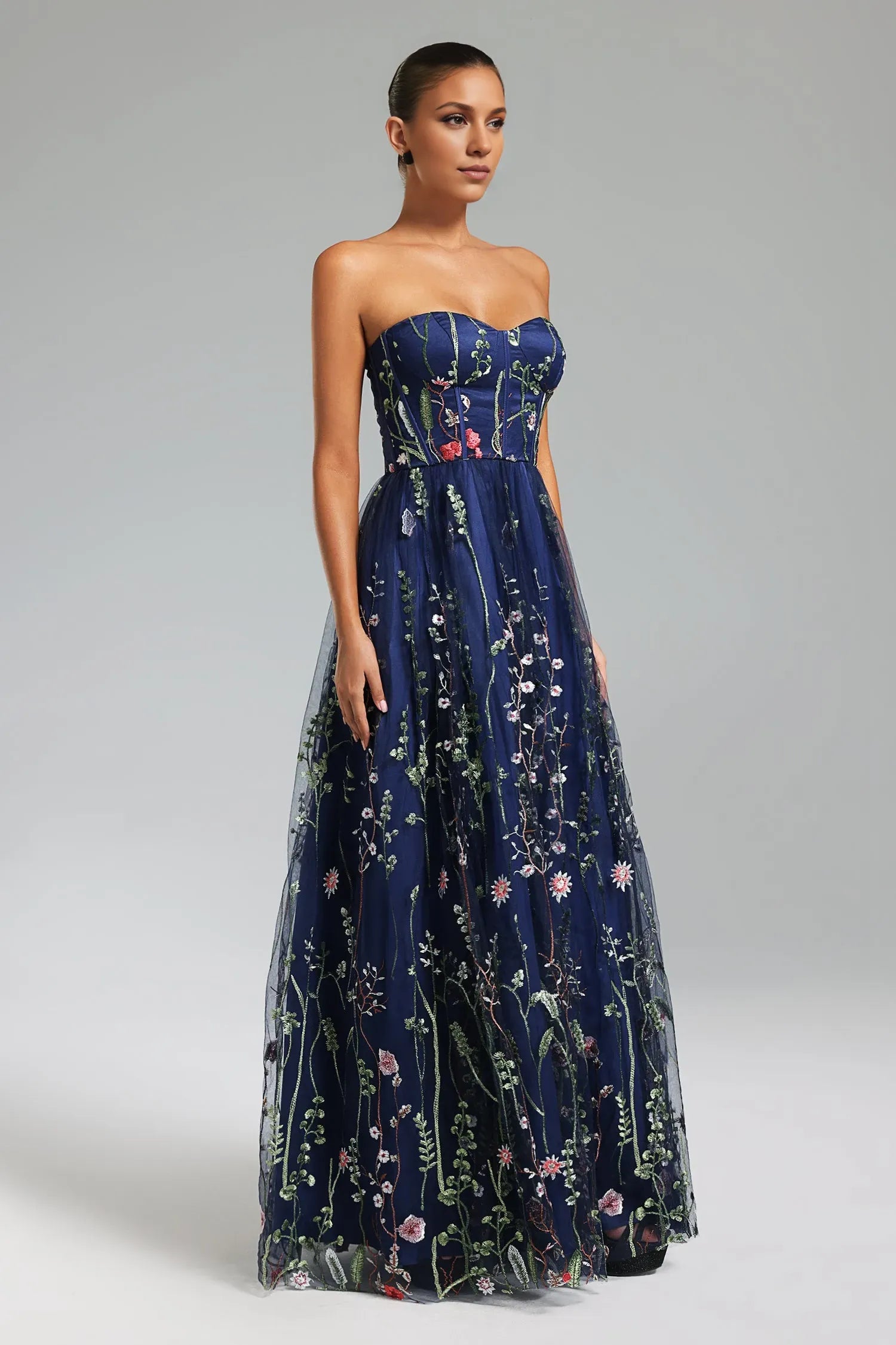 Weitese Dress A-line Sweetheart Strapless Embroidery Floor Length Maxi Dress Tulle Floral